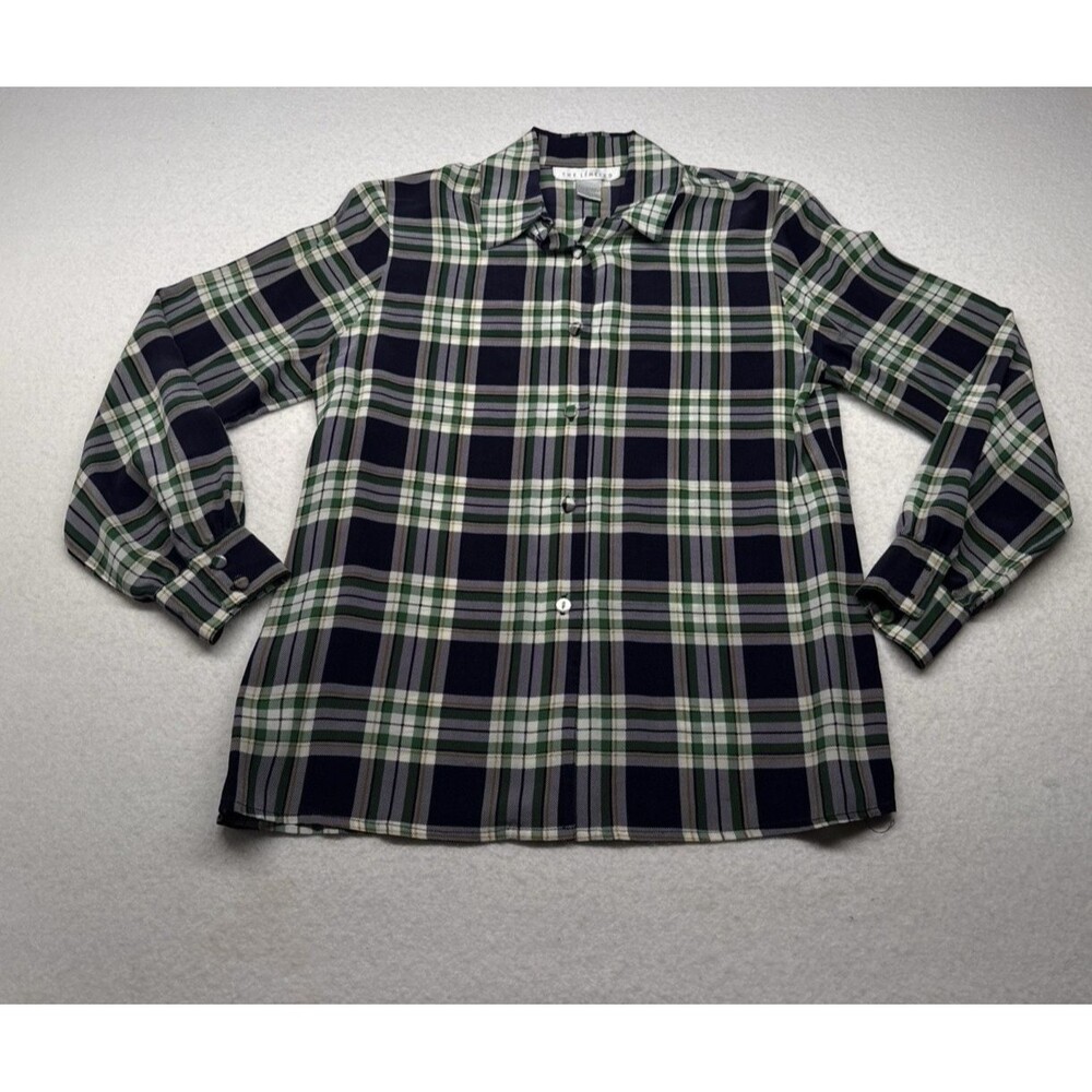 The Limited Silk Plaid Shirt Medium Navy Green Gold Long Sleeve Button Up